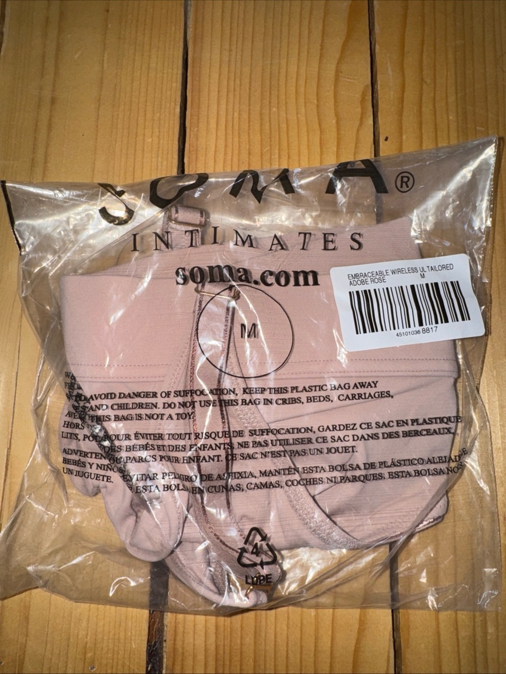 NWT SOMA Bra Size Medium Embraceable Wireless UL Tailored Adobe Rose